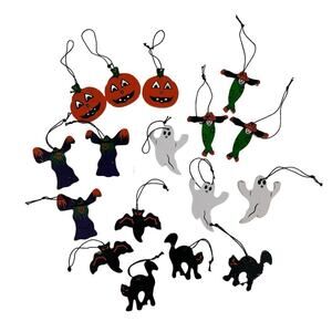 Vintage 90’s Halloween Ornaments Set of 17 Ghost Pumpkin Witch Scarecrow Bat Cat